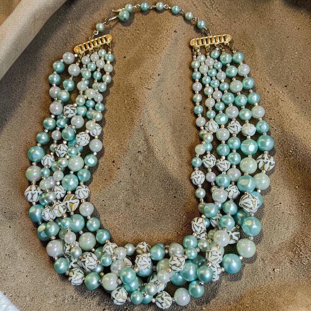 Vintage Japan Aqua Seafoam 6 Strand Glass &‎ Acrylic Statement Necklace
